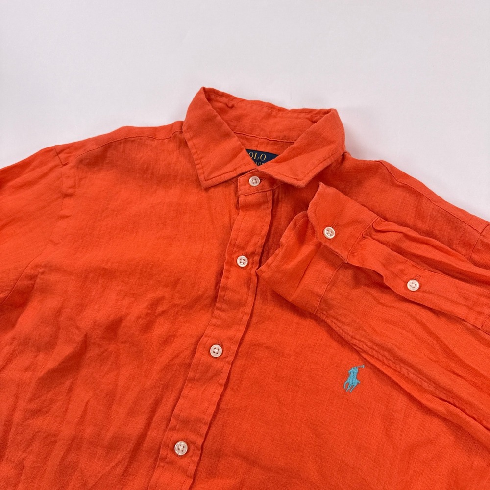 Polo Ralph Lauren Linen Shirt Mens Medium Orange Turquoise Pony Long Sleeve